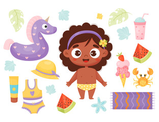 Summer time. Collection happy ethnic girl with beach accessories and clothes, rubber unicorn, crab, ice cream and watermelon, straw hat and sunblock. Isolated Vector illustration in cartoon style.