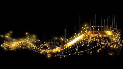Golden Wavy Lines With Light Effect And Music Notes On Black Background. Ai generated