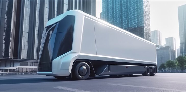 Futuristic automated unmanned bus with blank side mock up on city streets, AI generated