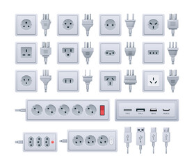 Socket Plug Types Set, Each Has Specific Prong Configurations And Is Used In Different Countries Vector Illustration