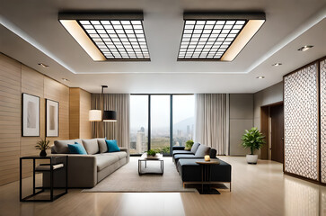 interior design of the living room area that has a sofa, table, lamps, and potted flowers. natural scenery behind the sliding door.