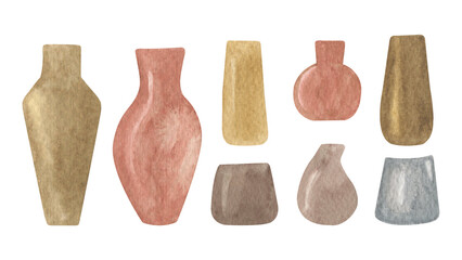 Boho style ceramic and clay vases. Home decor pots. Watercolor clipart. Pastel earthy colors