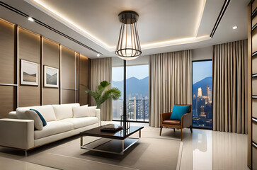 home interior design living room area that has a white sofa, table, lamps and chairs, and a flower plant in a pot. the atmosphere of the city view behind the glass sliding door