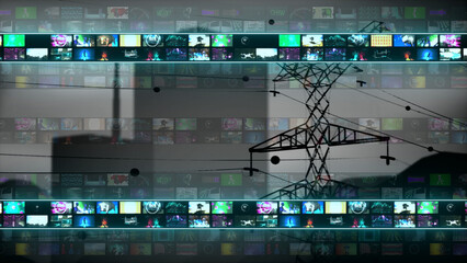 3d illustration of broadcasting transmission tower with cables videos in collage montage futuristic background