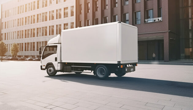 Cargo truck with blank side mock up on city streets, AI generated