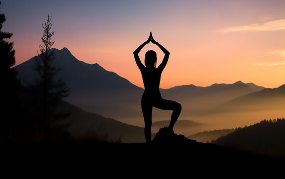 Silhouette of a woman doing yoga  on a mountain. Generative AI technology.
