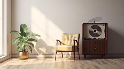 Retro mid century cushion armchair, vinyl record player on wooden storage cabinet. Generative Ai