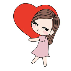 Cute cartoon girls hold big heart on a white background.