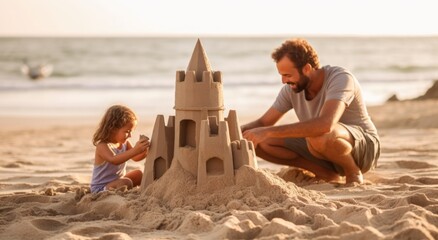 man and kid building sandcastle together at the beach, ai generative