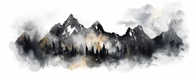 Watercolor painting of beautiful mountains, mountain peak landscape with forest fir trees, panorama banner illustration for logo or other design, isolated on white background,  (Generative Ai)