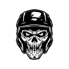 Edgy and intense logo design illustration of a skull zombie wearing a biker helmet, combining the elements of horror and motorcycle culture Generative AI