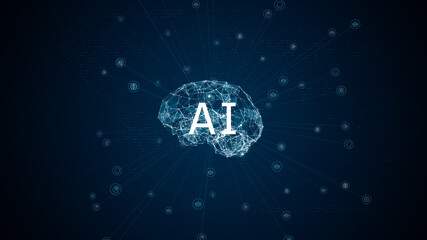 Blue polygon digital brain logo and AI letter with grid line and ai technology icon rotation on futuristic abstract background artificial intelligence concepts