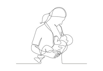 Continuous line drawing of a mother breastfeeding her newborn baby vector illustration. Premium vector.