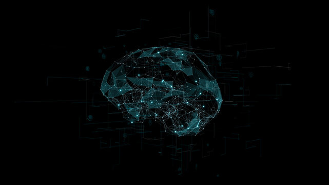 Blue polygon digital brain logo with grid line and ai technology icon rotation on futuristic abstract black background artificial intelligence concepts