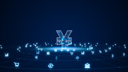 Blue digital money logo with futuristic technology icon and line connection with circle rotation on abstract background digital money and financial concept