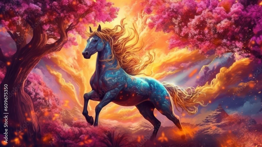 Wall mural horse in the magic forest. fantasy landscape with a horse. created with generative ai tools