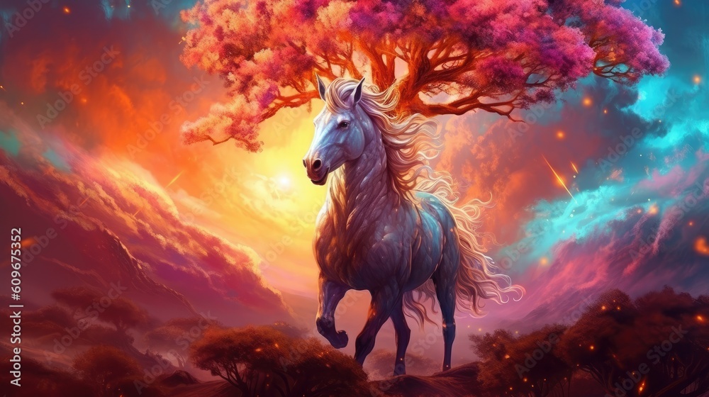 Wall mural horse with a tree on the background of the sky with clouds. created with generative ai tools