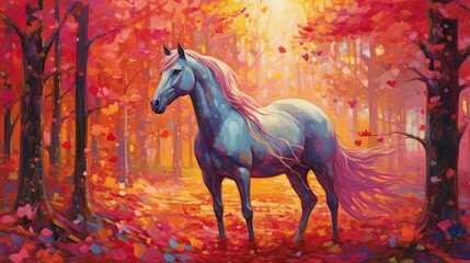 Obraz na płótnie Canvas Painting of a horse in the forest with red autumn leaves. Created with Generative AI tools
