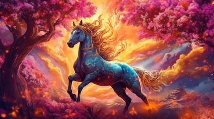 Obraz na płótnie Canvas Horse in the magic forest. Fantasy landscape with a horse. Created with Generative AI tools