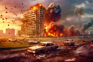 Conceptual image of disaster with burnt cars and destroyed buildings. Created with Generative AI tools