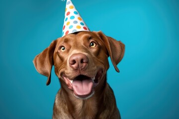 Happy dog with birthday hat on blue background. Concept of celebrating birthday. Created with Generative AI tools