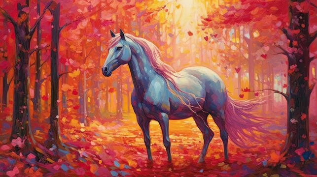 Painting of a horse in the forest with red autumn leaves. Created with Generative AI tools