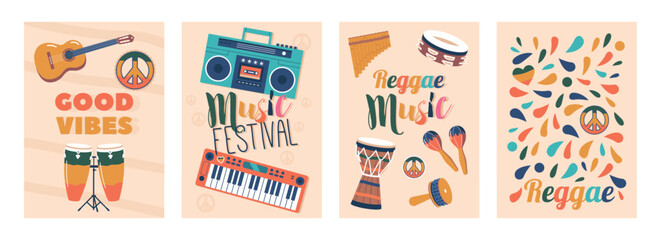 Set of Banners with Instruments for Reggae Music. Melodic, Rhythmic Array Of Musical Instruments, Vector Illustration