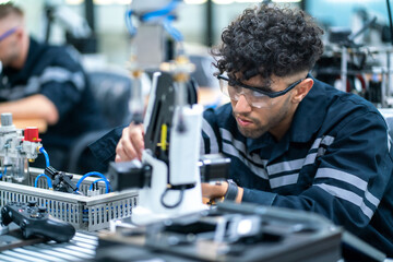 Mechanical engineering team working in robotic technology lap for research and develop for...