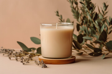 Product image, Handmade candle from paraffin and soy wax in glass with wooden wick and dry herbal isolated on pastel beige background. Flat lay, top view, copy space - obrazy, fototapety, plakaty