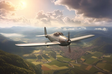Classic Propeller Airplane in the Sky Above Fields and Mountains - obrazy, fototapety, plakaty