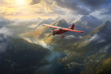 Fototapeta na wymiar Red Classic Propeller Airplane in the Sky Above Mountain Landscape