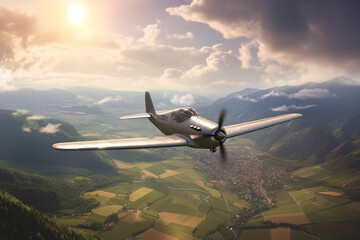 Classic Propeller Airplane in the Sky Above Fields and Mountains - obrazy, fototapety, plakaty
