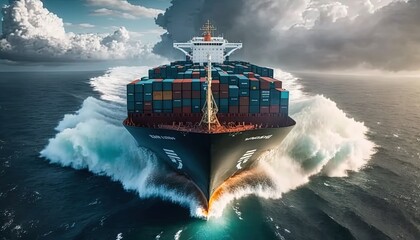 A loaded container cargo ship is seen ahead above the ocean - Generative Ai - obrazy, fototapety, plakaty