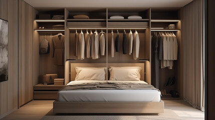 3d rendering beautiful wood horizontal wardrobe and walk in closet. Generative Ai