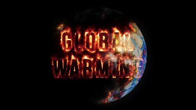 Animation of burning planet from the effects of global warming.global warming text appears as the earth burns. concept of global warming and climate crisis.highly detailed burn animation.