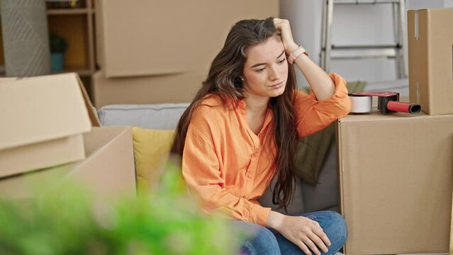 Young beautiful hispanic woman sitting on sofa with serious expression at new home