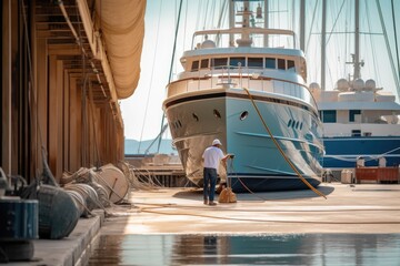 Fototapeta na wymiar man_wash_yacht_inside_harbour