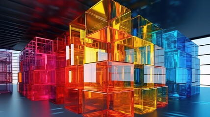 Aerial view of colorful city glass building block . Generative Ai