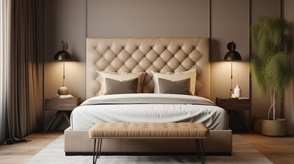 Luxury, minimal round wooden bedside table, gold floor lamp, brown leather headboard bed. Generative Ai