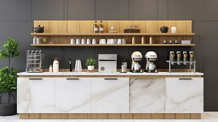 Modern, luxury design cafe counter, white marble top with sink. Generative Ai