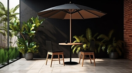 Outdoor terrace area of modern, luxury tropical brown cafe with vertical plant