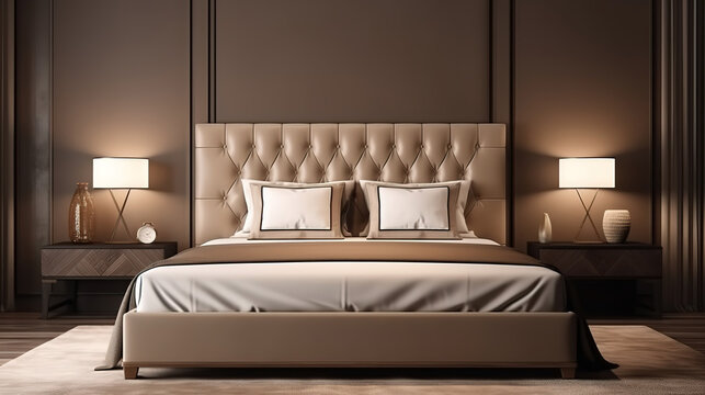 Elegant, luxury beige wall bedroom with large brown leather headboard bed. Generative Ai