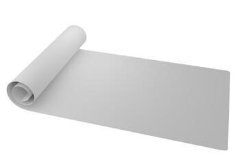 Paper roll. Light rug isolated on white. Three-dimensional blank sheet of paper. Place for text. Paper roll for your inscription. Copy space. Mock up of folded sports mat. 3d image.