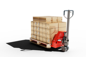 Pallet jack. Warehouse hydraulic trolley with boxes. Manual pallet jack. Storage equipment. Trolley for transporting and loading boxes. Red pallet jack isolated on white. Storage, delivery. 3d image