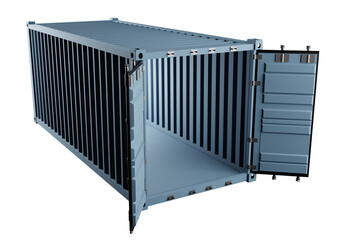 Sea freight container. Open container for transportation of goods. Twenty foot sea tare. Container for transport transportation. Steel metal box isolated on white. Realistic style. 3d image