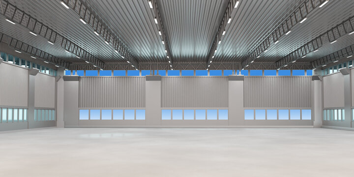 Industrial background. Interior of empty hangar. Place for warehouse or factory. Industrial building inside view. Hangar with concrete floor. Empty warehouse with lamps under high roof. 3d image