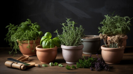 Obraz na płótnie Canvas Fresh Herb Plants, Rosemary, Thyme, Basil, Mint, Oregano Plants image generated by Creative AI