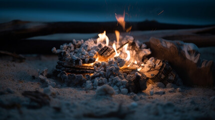 Campfire, beach sunset, Beach Campfire image generated by Creative AI