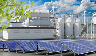 Energy station. Solar panels. Tanks for gas near factory. Wind generators. Energy station on sunny...