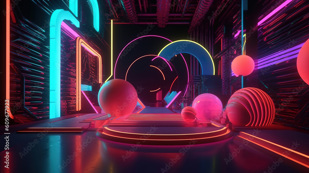 Poster 3d render of geometric background with columns and glowing neon lights. generative ai